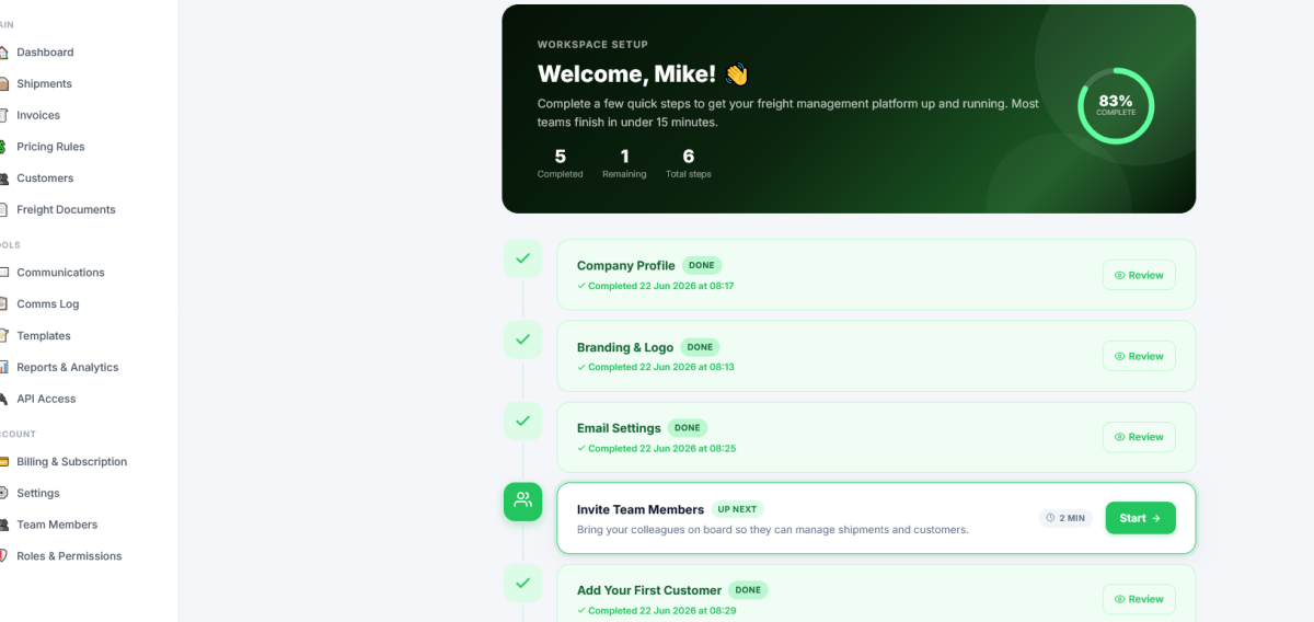 Welcome page of My Cargo Agent